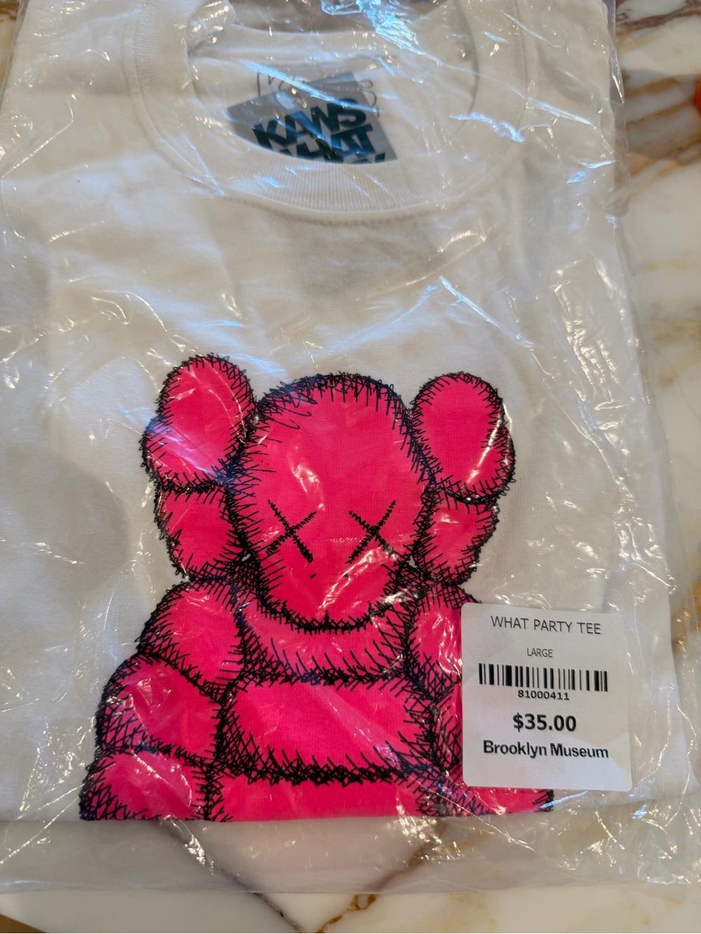 Kaws Brooklyn Museum What Party T-shirt SZ large - new in plastic  - authentic